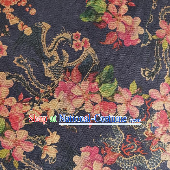 Chinese Traditional Dragon Phoenix Pattern Navy Silk Fabric Mulberry Silk Fabric Hanfu Dress Material