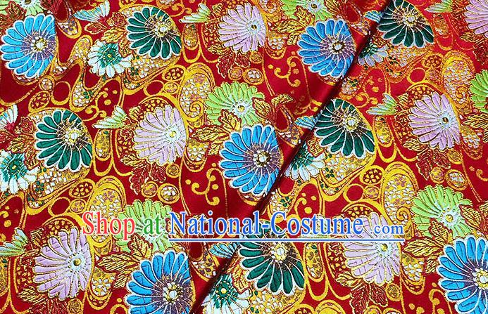 Japanese Traditional Sunflowers Pattern Kimono Red Brocade Fabric Tapestry Satin Fabric Nishijin Material