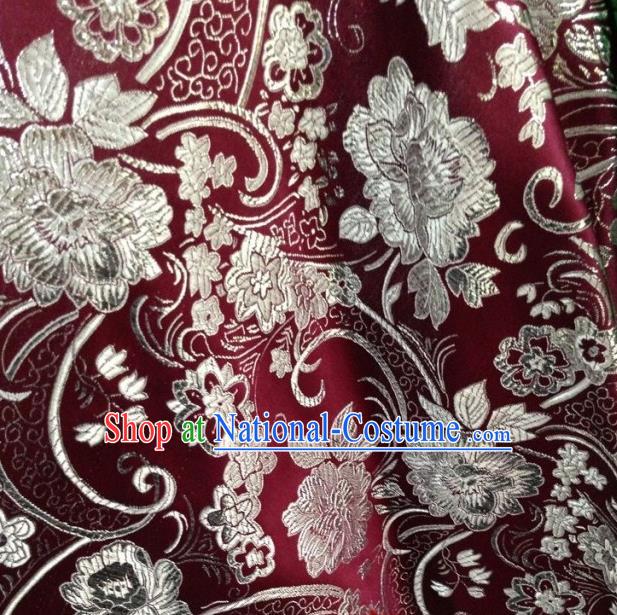 Chinese Traditional Peony Pattern Purplish Red Brocade Fabric Silk Tapestry Satin Fabric Hanfu Material