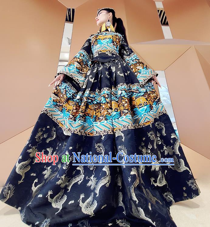 Chinese Traditional National Embroidered Navy Dress Tang Suit Clothing for Women