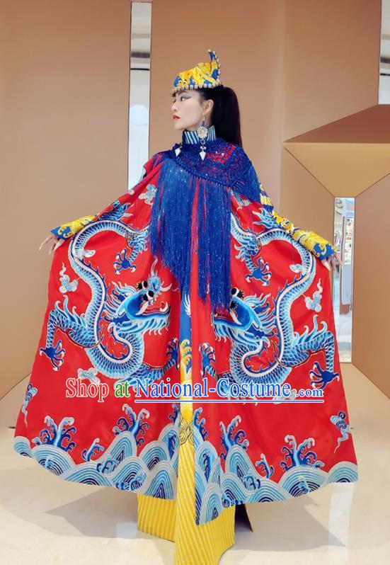 Chinese Traditional Embroidered Dragon Red Cloak Tang Suit Cape Costume for Women