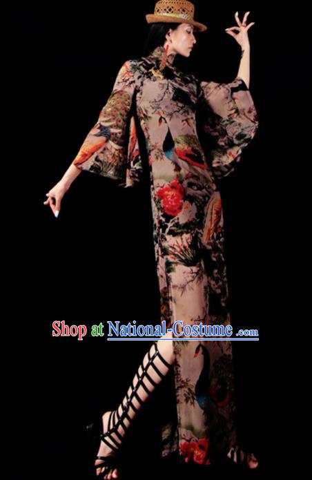 Chinese Traditional National Printing Peacock Brown Qipao Dress Tang Suit Cheongsam Costume for Women