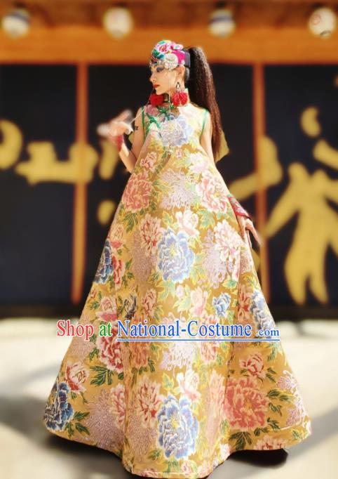 Chinese Traditional National Printing Peony Yellow Brocade Qipao Dress Tang Suit Cheongsam Costume for Women