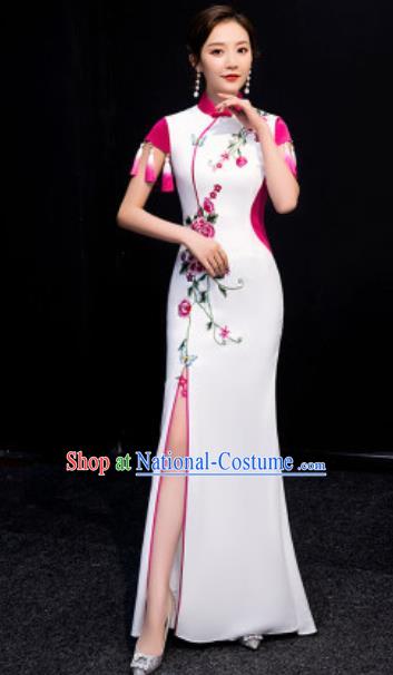 Chinese National Embroidered Rosy Tassel Qipao Dress Traditional Compere Cheongsam Costume for Women