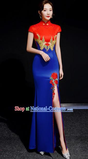 Chinese Compere National Embroidered Royalblue Qipao Dress Traditional Cheongsam Costume for Women