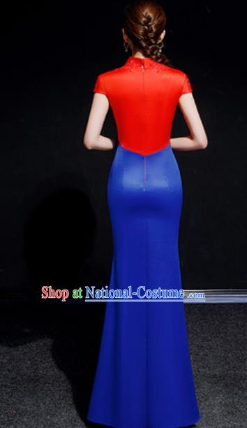 Chinese Compere National Embroidered Royalblue Qipao Dress Traditional Cheongsam Costume for Women