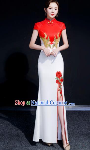 Chinese Compere National Embroidered White Qipao Dress Traditional Cheongsam Costume for Women