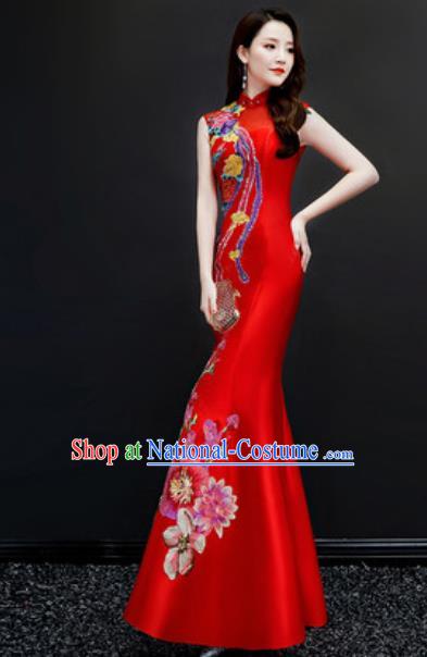 Chinese National Embroidered Red Qipao Dress Traditional Compere Cheongsam Costume for Women