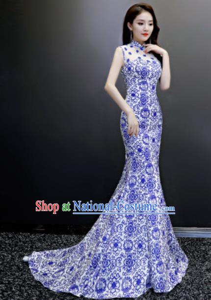 Chinese National Blue Printing Trailing Qipao Dress Traditional Compere Cheongsam Costume for Women