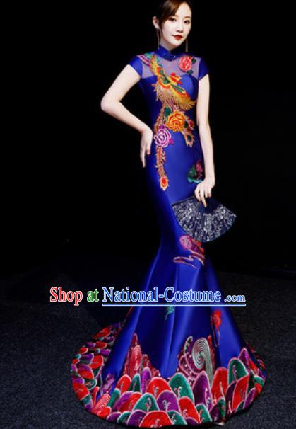 Chinese National Embroidered Phoenix Royalblue Trailing Qipao Dress Traditional Compere Cheongsam Costume for Women