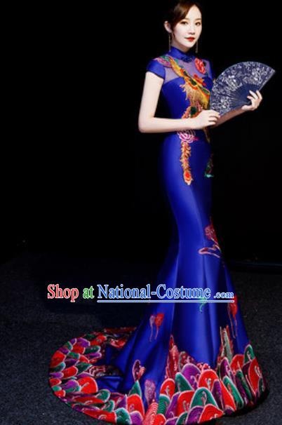 Chinese National Embroidered Phoenix Royalblue Trailing Qipao Dress Traditional Compere Cheongsam Costume for Women