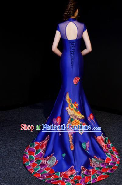 Chinese National Embroidered Phoenix Royalblue Trailing Qipao Dress Traditional Compere Cheongsam Costume for Women