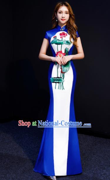 Chinese National Embroidered Lotus Qipao Dress Traditional Compere Cheongsam Costume for Women