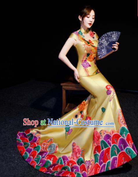 Chinese National Embroidered Phoenix Trailing Golden Qipao Dress Traditional Compere Cheongsam Costume for Women