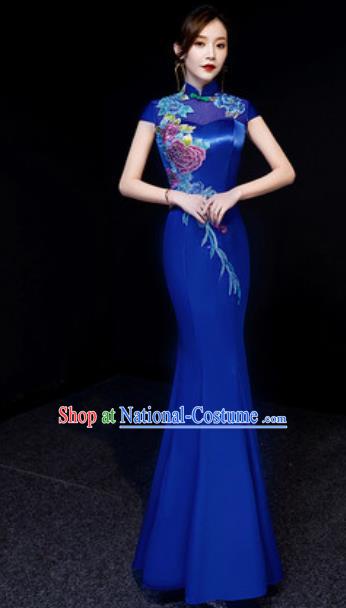 Chinese National Embroidered Peony Royalblue Qipao Dress Traditional Compere Cheongsam Costume for Women