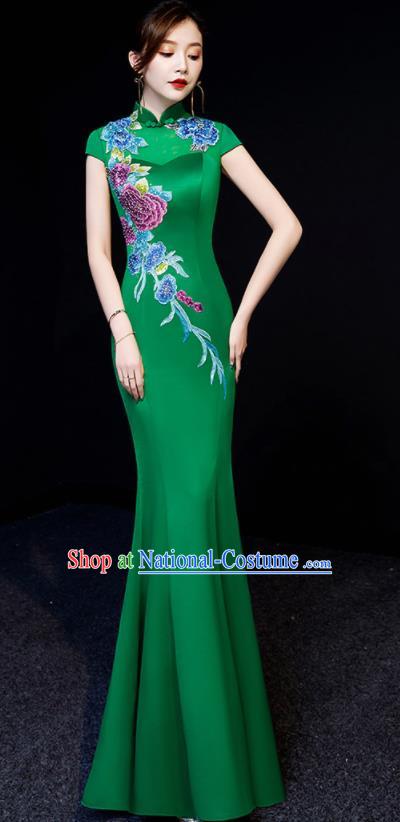 Chinese National Embroidered Peony Green Qipao Dress Traditional Compere Cheongsam Costume for Women