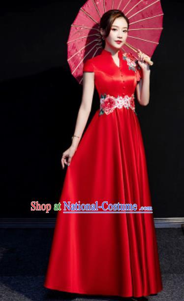 Chinese Compere National Red Qipao Dress Traditional Embroidered Peony Cheongsam Costume for Women