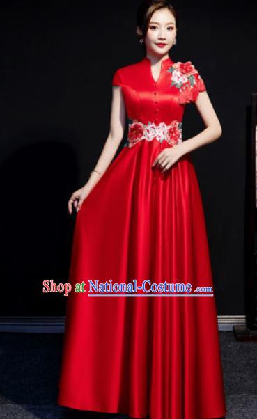 Chinese Compere National Red Qipao Dress Traditional Embroidered Peony Cheongsam Costume for Women