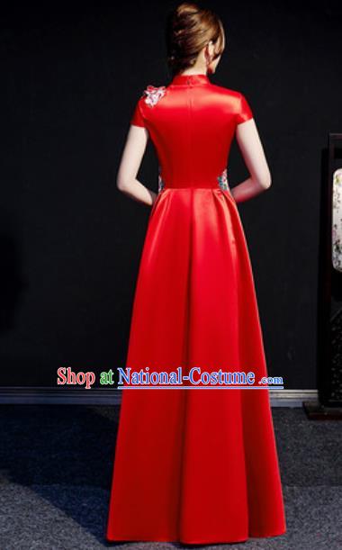 Chinese Compere National Red Qipao Dress Traditional Embroidered Peony Cheongsam Costume for Women