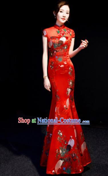 Chinese National Printing Crane Red Brocade Qipao Dress Traditional Compere Cheongsam Costume for Women