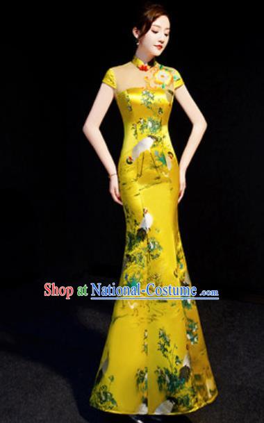 Chinese National Printing Crane Golden Brocade Qipao Dress Traditional Compere Cheongsam Costume for Women