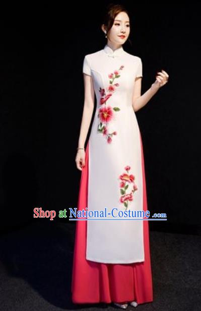 Chinese National Embroidered Peach Blossom White Qipao Dress Traditional Compere Cheongsam Costume for Women