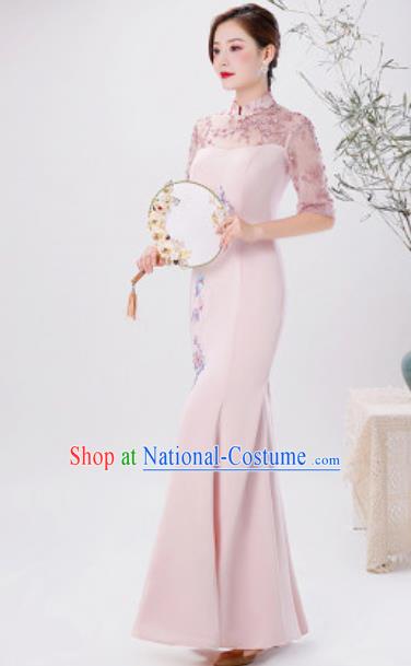 Chinese Compere National Embroidered Pink Qipao Dress Traditional Cheongsam Costume for Women