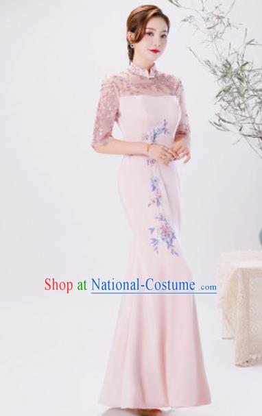 Chinese Compere National Embroidered Pink Qipao Dress Traditional Cheongsam Costume for Women