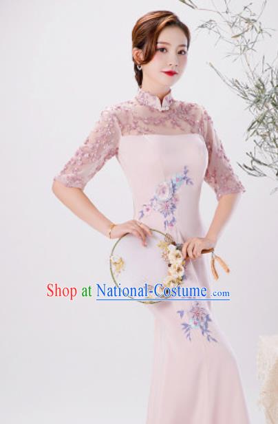 Chinese Compere National Embroidered Pink Qipao Dress Traditional Cheongsam Costume for Women