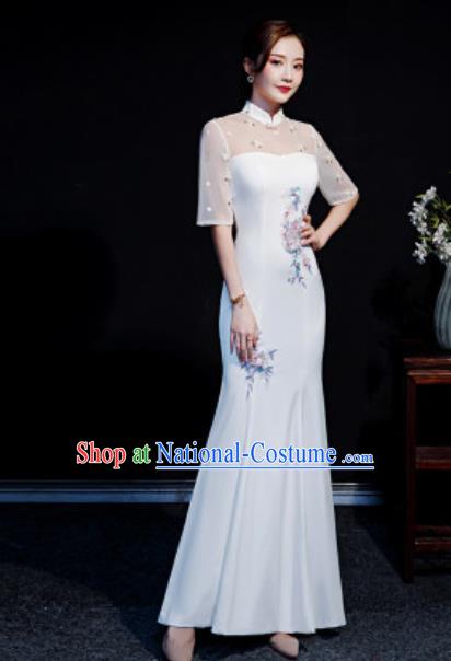 Chinese Compere National White Qipao Dress Traditional Cheongsam Costume for Women