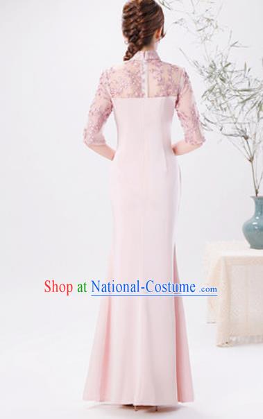 Chinese Compere National Embroidered Pink Qipao Dress Traditional Cheongsam Costume for Women