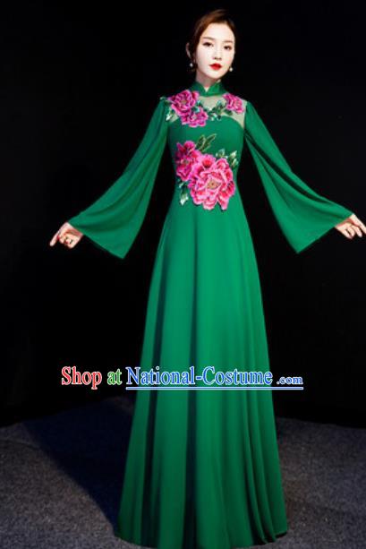 Chinese Spring Festival Gala Embroidered Peony Green Qipao Dress Traditional Compere Cheongsam Costume for Women