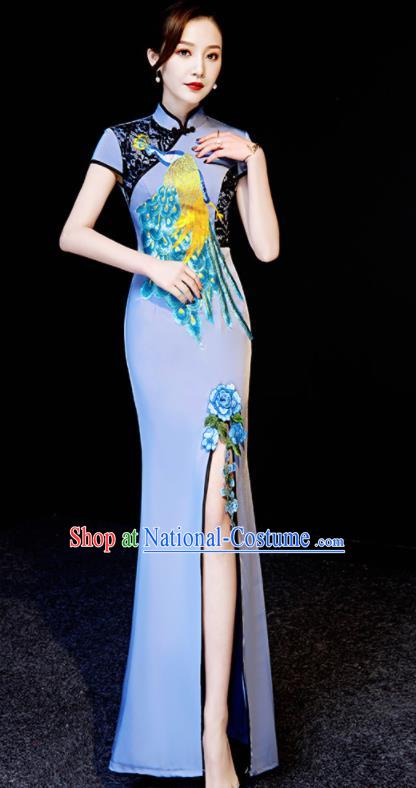 Chinese Traditional Embroidered Peacock Blue Qipao Dress Spring Festival Gala Compere Cheongsam Costume for Women