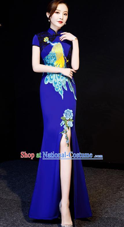 Chinese Traditional Embroidered Peacock Royalblue Qipao Dress Spring Festival Gala Compere Cheongsam Costume for Women