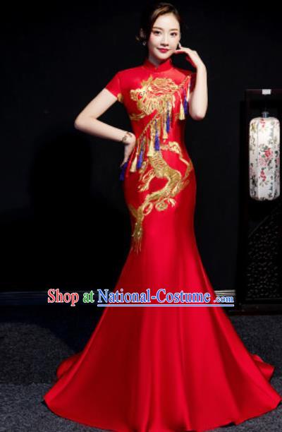 Chinese Compere National Embroidered Dragon Red Fishtail Full Dress Traditional Cheongsam Costume for Women