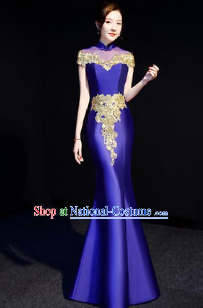 Chinese Traditional Bride Embroidered Royalblue Qipao Dress Spring Festival Gala Compere Cheongsam Costume for Women