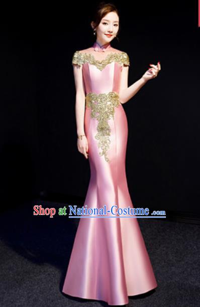 Chinese Traditional Bride Embroidered Pink Qipao Dress Spring Festival Gala Compere Cheongsam Costume for Women