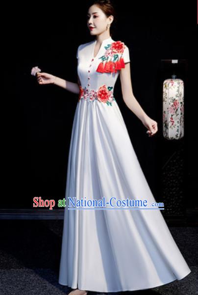 Chinese Compere Embroidered Peony White Full Dress Traditional National Cheongsam Costume for Women