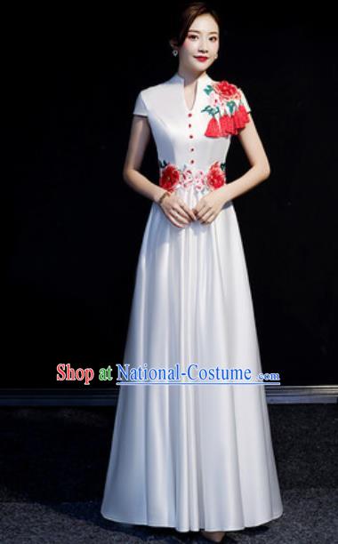 Chinese Compere Embroidered Peony White Full Dress Traditional National Cheongsam Costume for Women