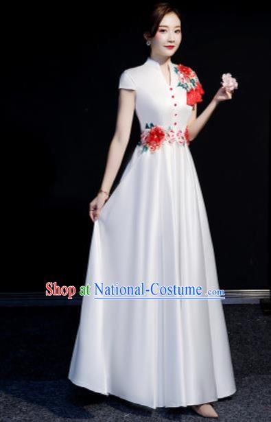 Chinese Compere Embroidered Peony White Full Dress Traditional National Cheongsam Costume for Women