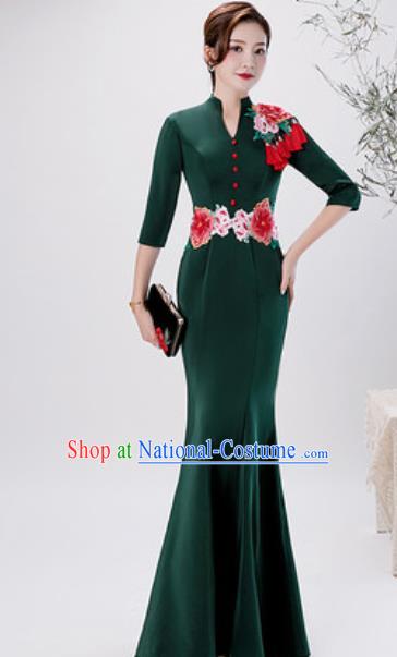 Chinese Compere Embroidered Peony Atrovirens Fishtail Full Dress Traditional National Cheongsam Costume for Women