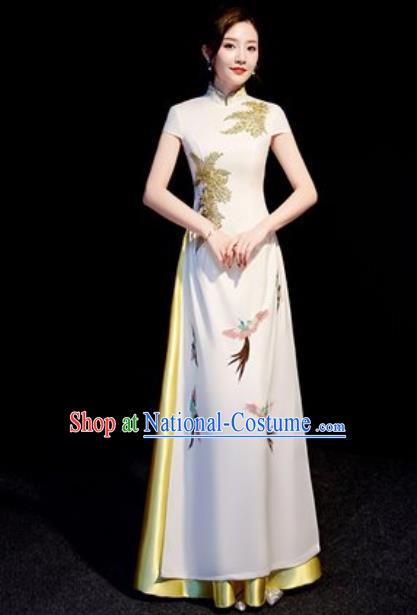 Chinese National Embroidered Birds White Qipao Dress Traditional Compere Cheongsam Costume for Women