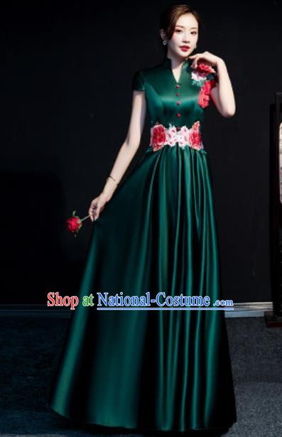 Chinese Compere Embroidered Peony Atrovirens Full Dress Traditional National Cheongsam Costume for Women