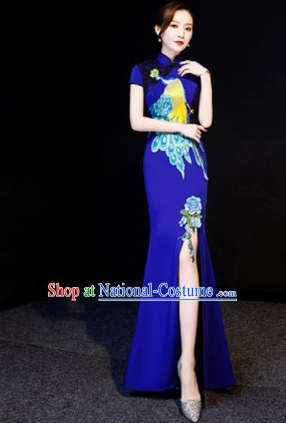 Chinese National Embroidered Peacock Royalblue Qipao Dress Traditional Compere Cheongsam Costume for Women