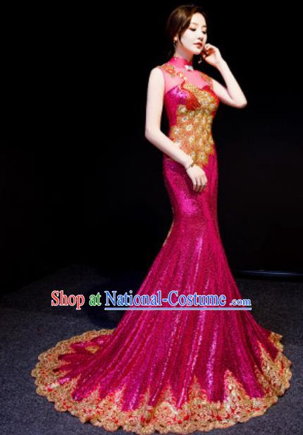 Chinese National Embroidered Peacock Rosy Trailing Qipao Dress Traditional Compere Cheongsam Costume for Women