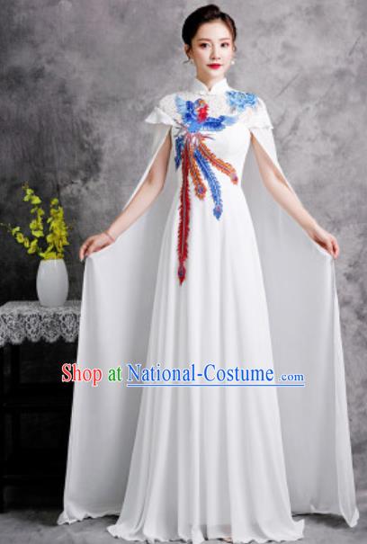 Chinese Compere Embroidered Phoenix White Trailing Full Dress Traditional National Cheongsam Costume for Women