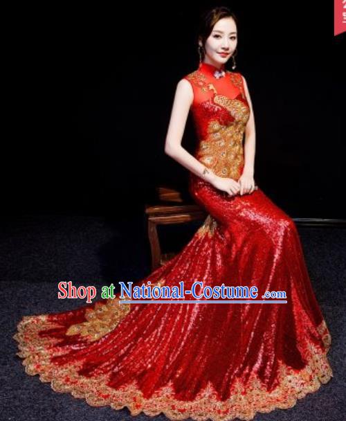 Chinese National Embroidered Peacock Red Trailing Qipao Dress Traditional Compere Cheongsam Costume for Women