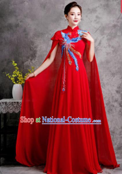 Chinese Compere Embroidered Phoenix Red Trailing Full Dress Traditional National Cheongsam Costume for Women