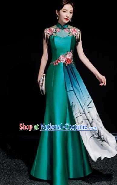 Chinese National Embroidered Green Qipao Dress Traditional Compere Cheongsam Costume for Women