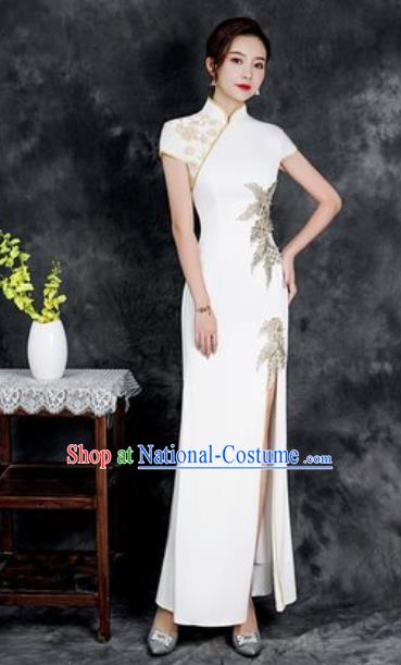 Chinese Chorus White Full Dress Traditional National Compere Cheongsam Costume for Women